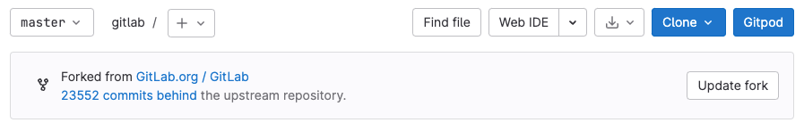Information box for a fork 23552 commits behind the upstream repository